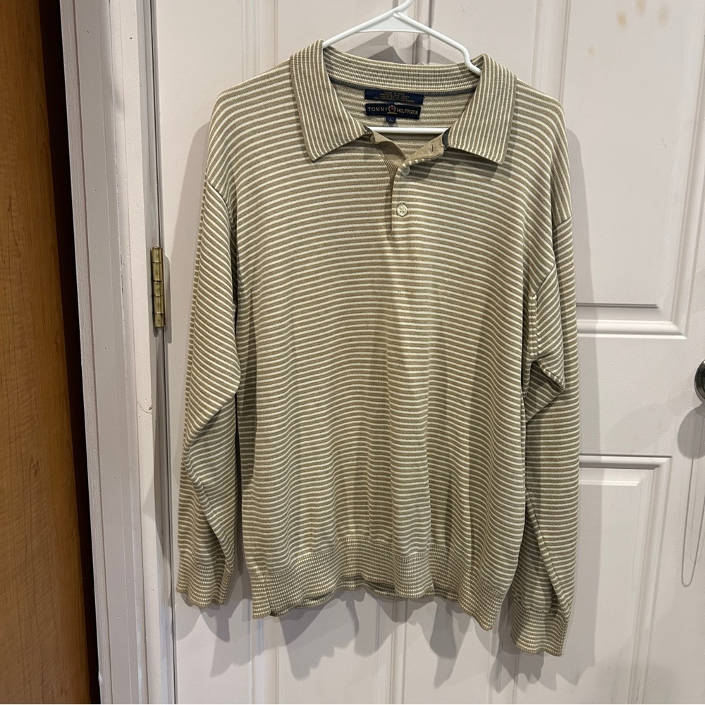 Tommy Hilfiger Beige and Gray Striped Polo